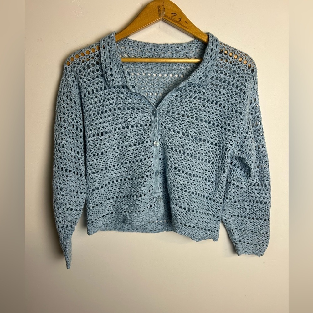 Crochet Cardigan Sweater Baby Blue Button Down Long Sleeve Size M Beach Vacation